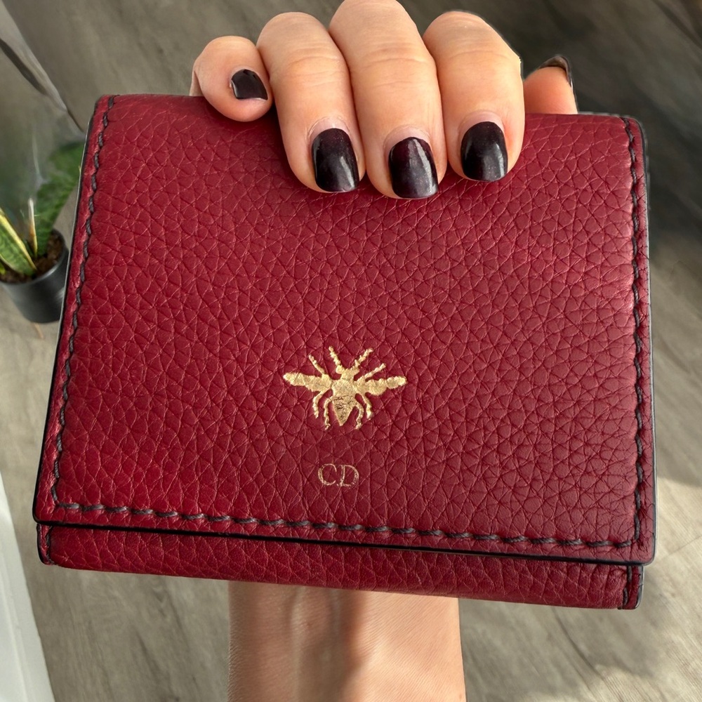 Authentic Dior Burgundy Leather D Bee Flap Bifold Wallet